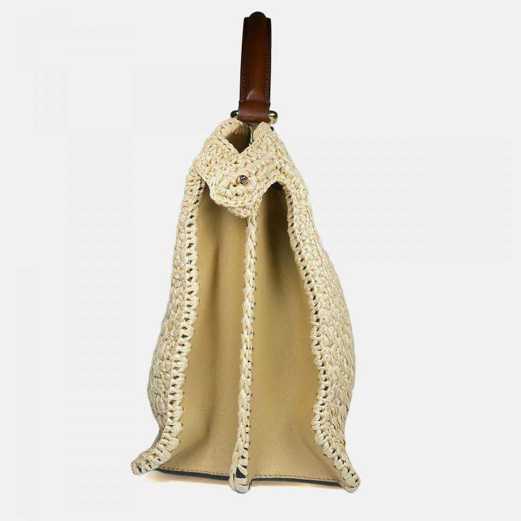 Pre Owned Fendi ISeeU Palm Medium Woven Raffia Peekaboo Bag