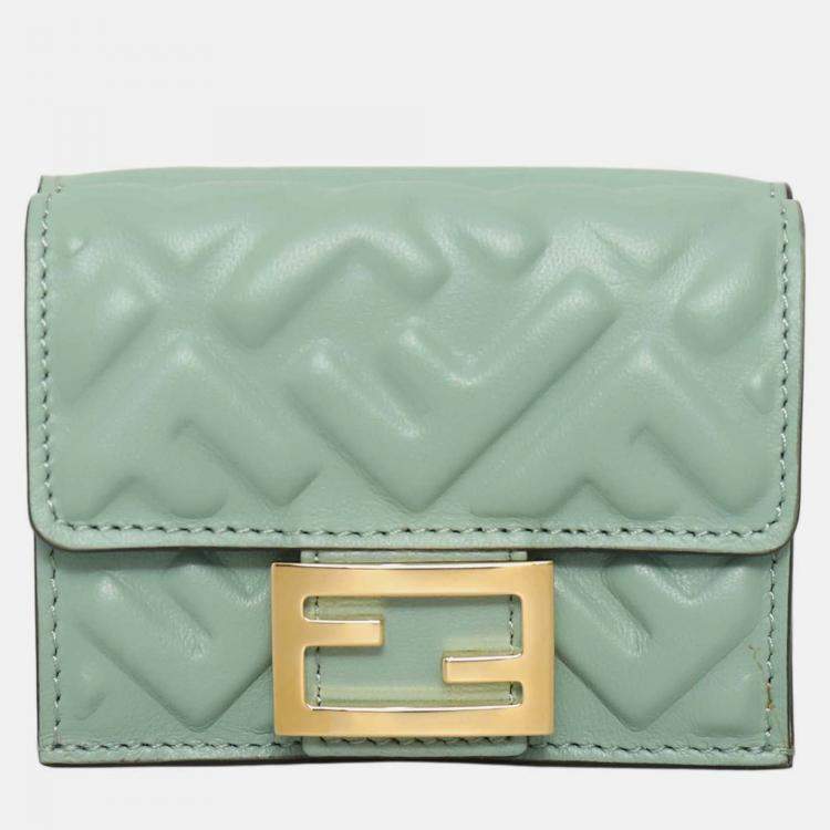 Pre Owned Fendi Baguette Micro Trifold Green Leather Wallet