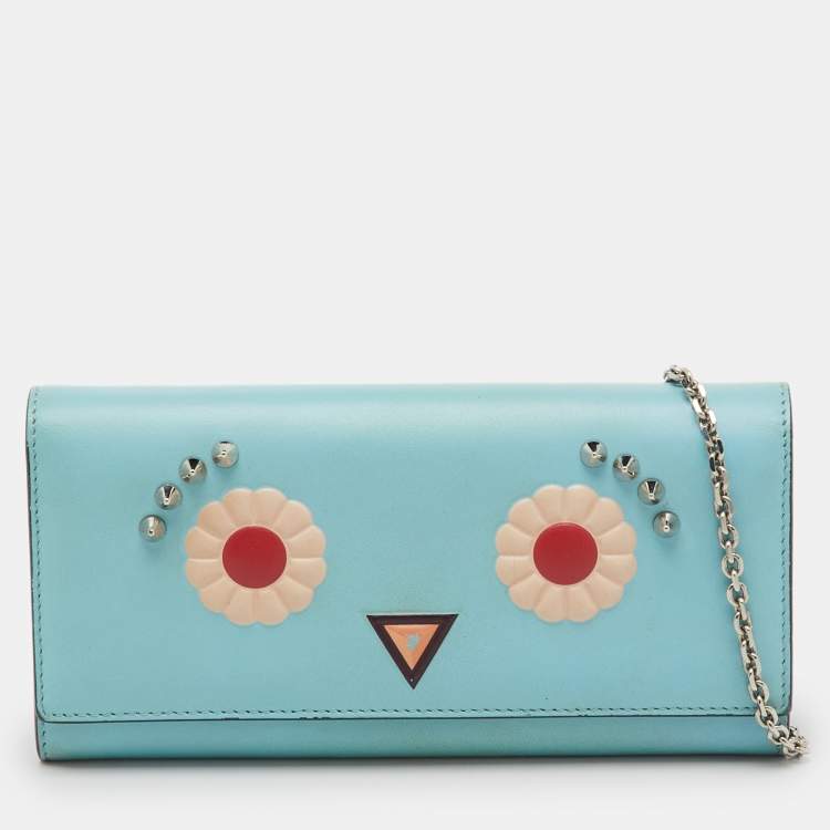 Pre Owned Fendi Light Blue Leather Embellished Wallet On Chain