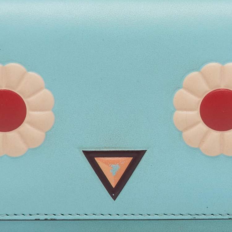 Pre Owned Fendi Light Blue Leather Embellished Wallet On Chain
