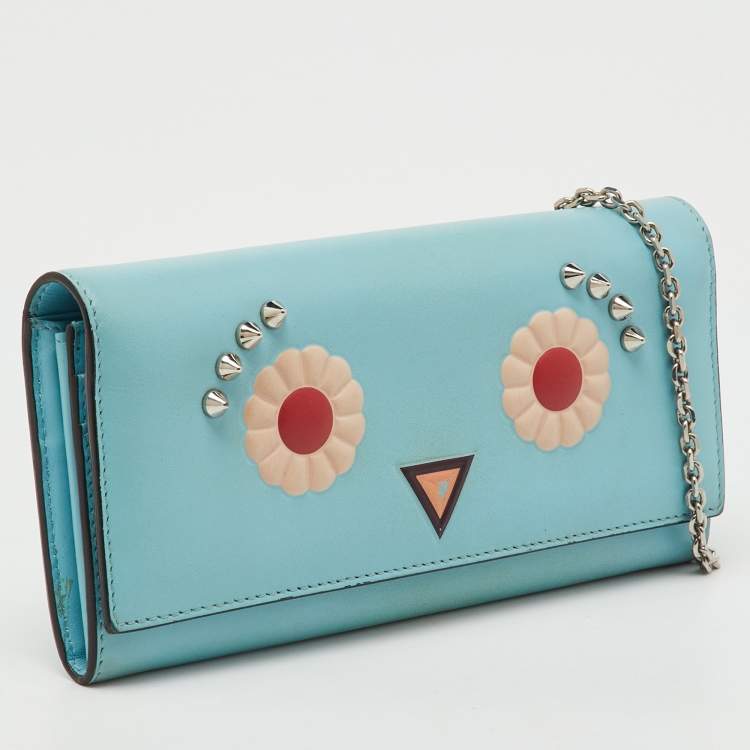 Pre Owned Fendi Light Blue Leather Embellished Wallet On Chain