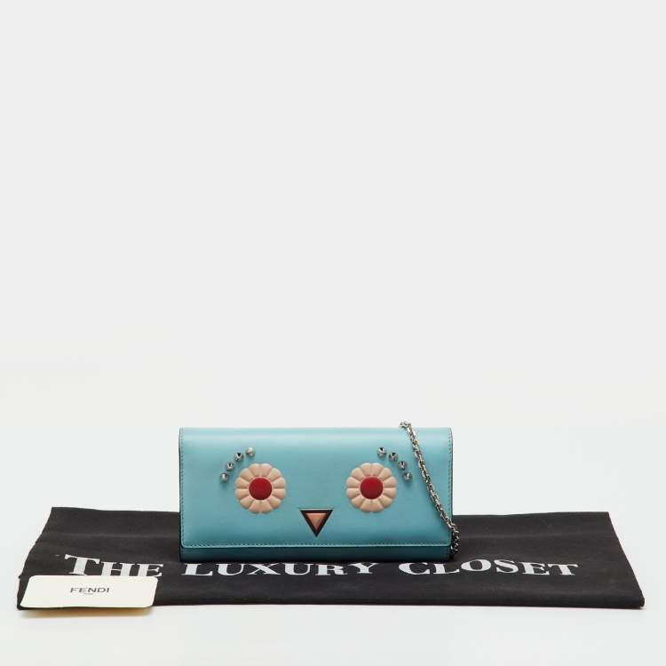 Pre Owned Fendi Light Blue Leather Embellished Wallet On Chain