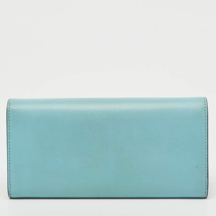 Pre Owned Fendi Light Blue Leather Embellished Wallet On Chain