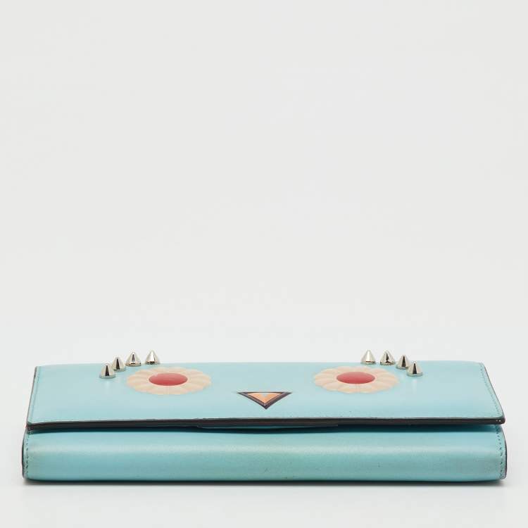 Pre Owned Fendi Light Blue Leather Embellished Wallet On Chain