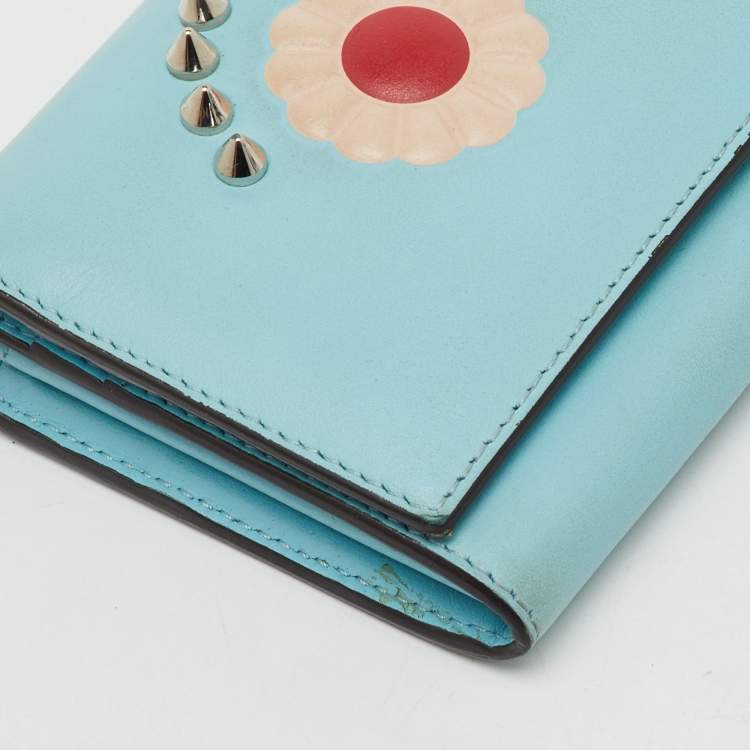 Pre Owned Fendi Light Blue Leather Embellished Wallet On Chain