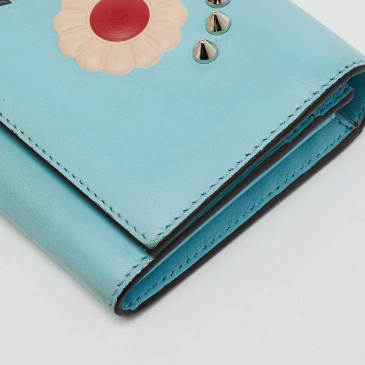 Pre Owned Fendi Light Blue Leather Embellished Wallet On Chain