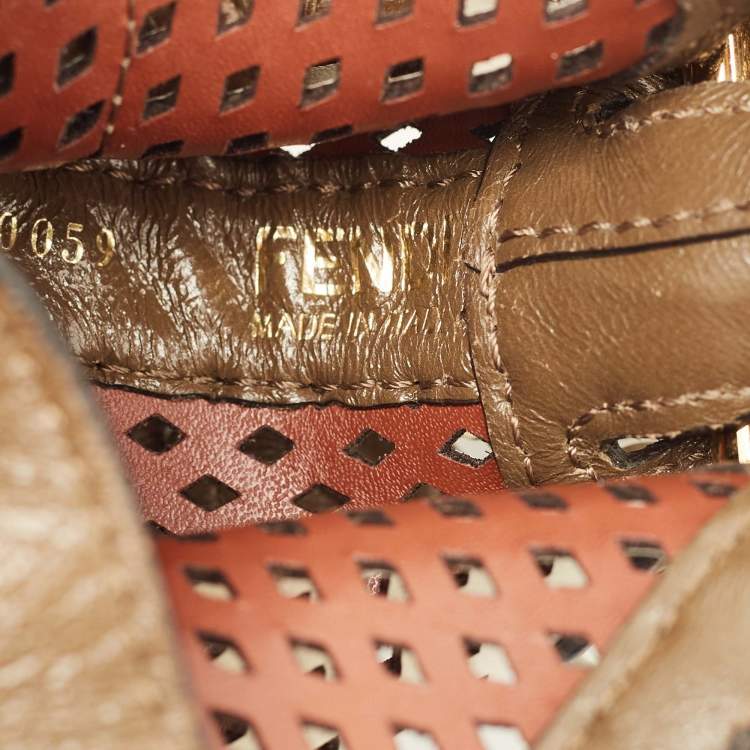 Pre Owned Fendi Brown/White Perforated Leather Mini Mon Tresor Bucket Bag