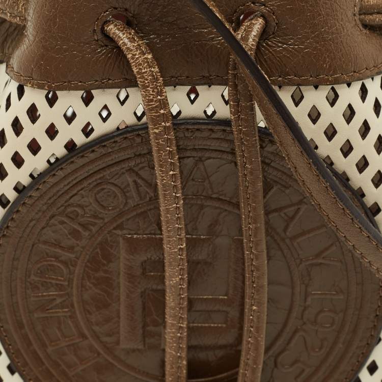 Pre Owned Fendi Brown/White Perforated Leather Mini Mon Tresor Bucket Bag