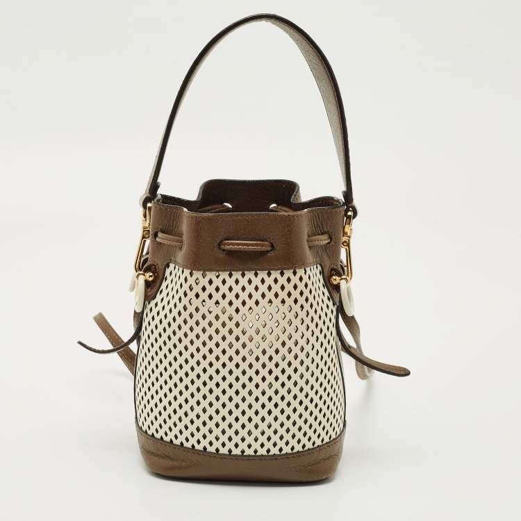 Pre Owned Fendi Brown/White Perforated Leather Mini Mon Tresor Bucket Bag