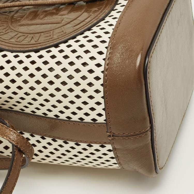 Pre Owned Fendi Brown/White Perforated Leather Mini Mon Tresor Bucket Bag