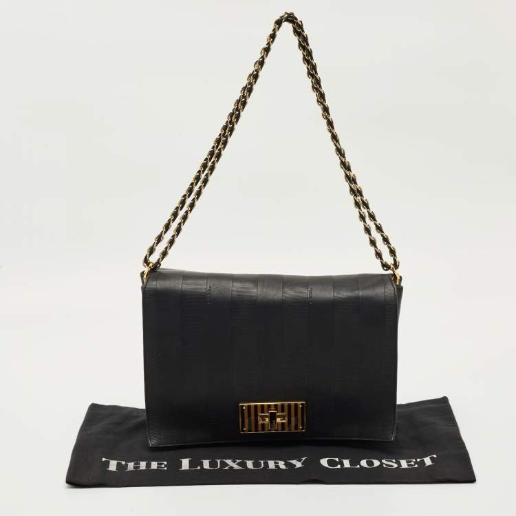 Pre Owned Fendi Black Stripe Embossed Leather Large Claudia Shoulder Bag