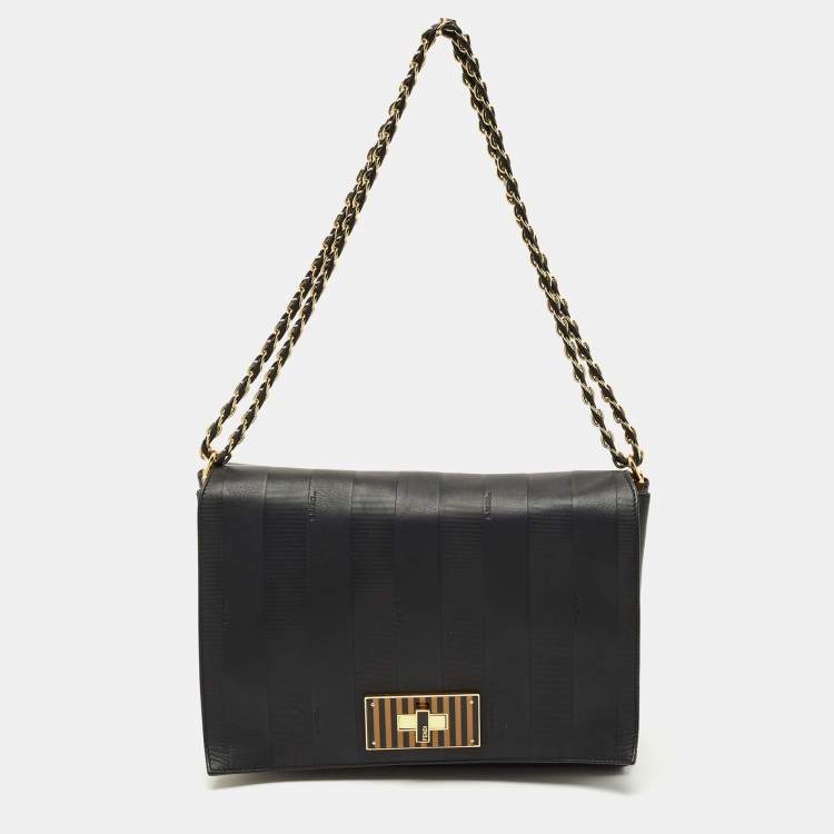Pre Owned Fendi Black Stripe Embossed Leather Large Claudia Shoulder Bag