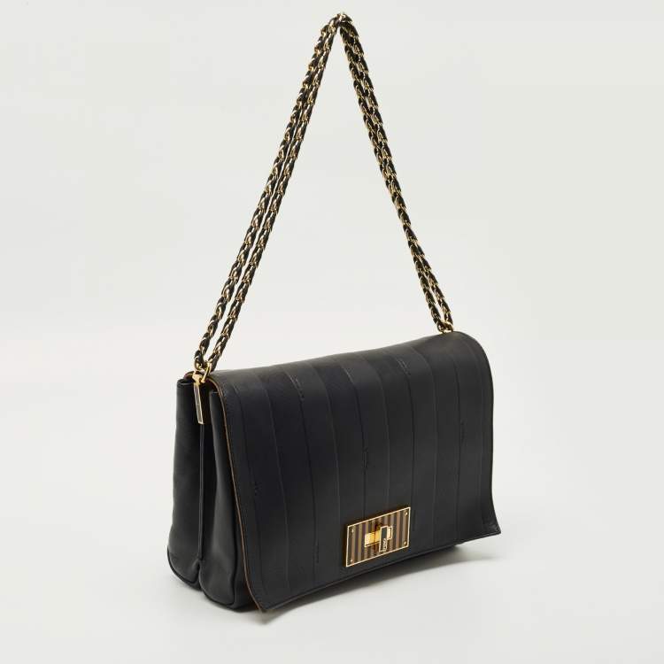 Pre Owned Fendi Black Stripe Embossed Leather Large Claudia Shoulder Bag