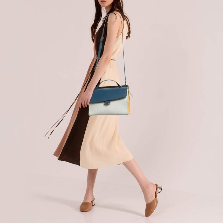 Pre Owned Fendi Blue/White Leather Mini Demi Jour Top Handle Bag