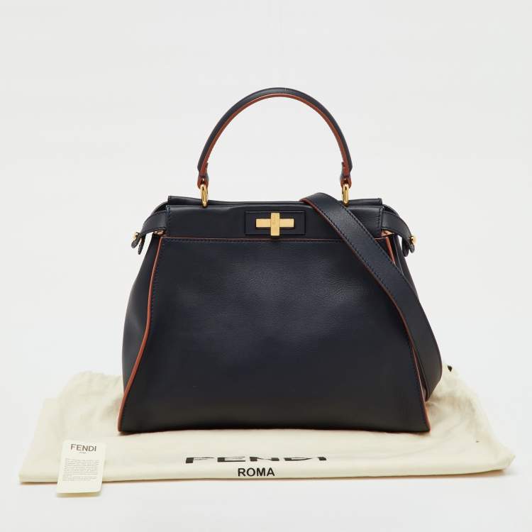 Pre Owned Fendi Navy Blue Leather Medium Peekaboo Top Handle Bag