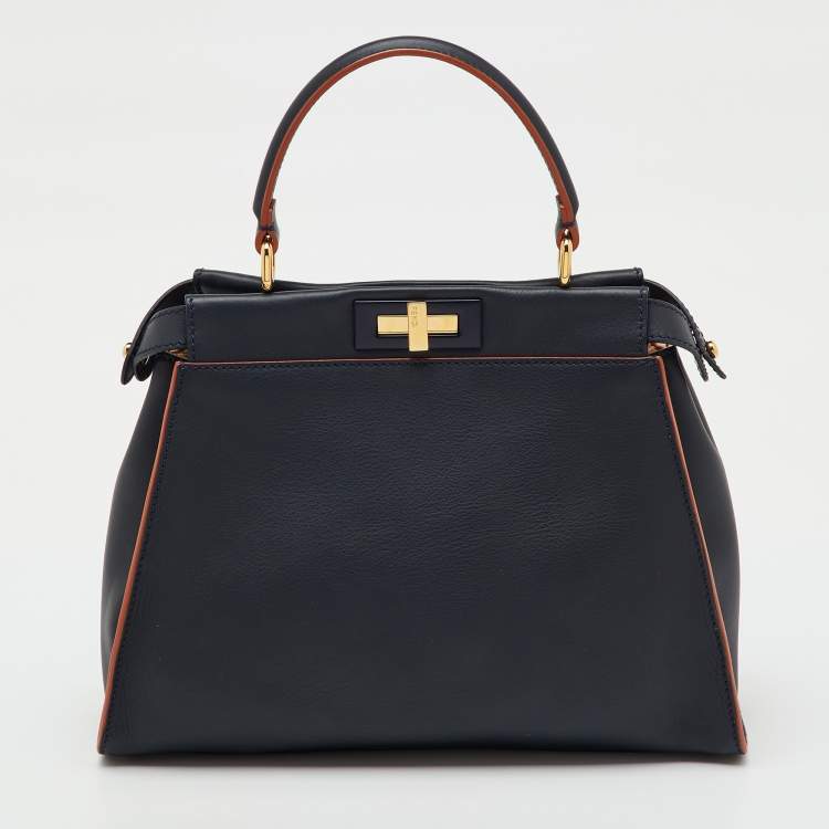 Pre Owned Fendi Navy Blue Leather Medium Peekaboo Top Handle Bag