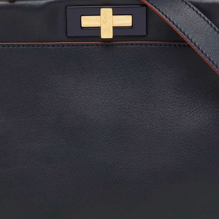 Pre Owned Fendi Navy Blue Leather Medium Peekaboo Top Handle Bag