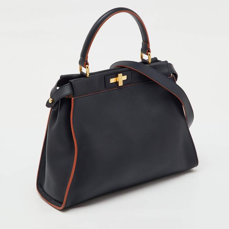 Pre Owned Fendi Navy Blue Leather Medium Peekaboo Top Handle Bag