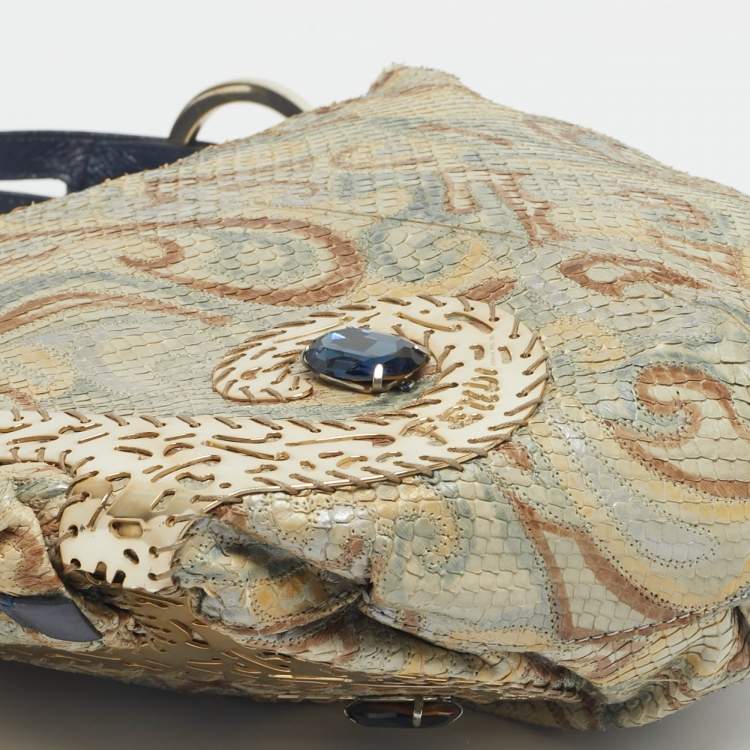 Pre Owned Fendi Gold/Blue Python and Leather Embellished Oyster Hobo