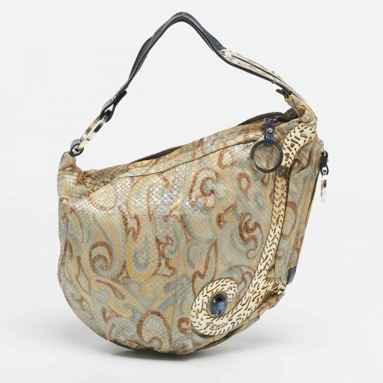 Pre Owned Fendi Gold/Blue Python and Leather Embellished Oyster Hobo