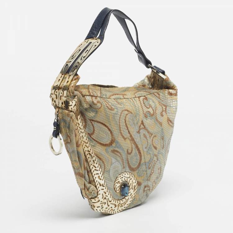 Pre Owned Fendi Gold/Blue Python and Leather Embellished Oyster Hobo