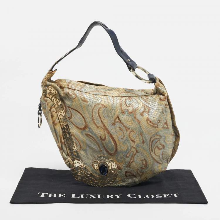 Pre Owned Fendi Gold/Blue Python and Leather Embellished Oyster Hobo