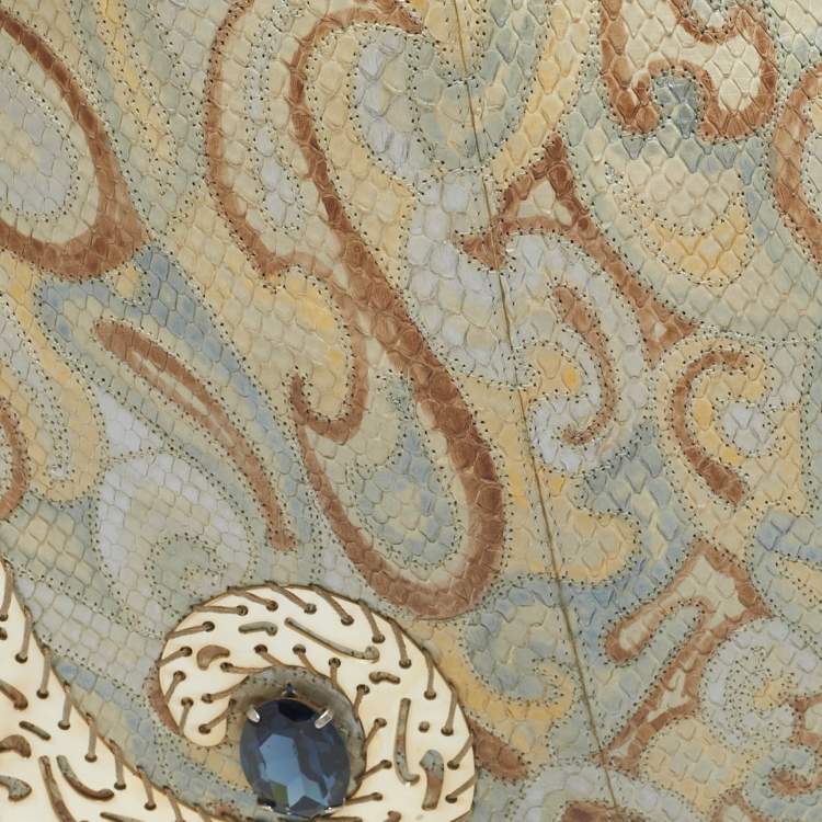 Pre Owned Fendi Gold/Blue Python and Leather Embellished Oyster Hobo