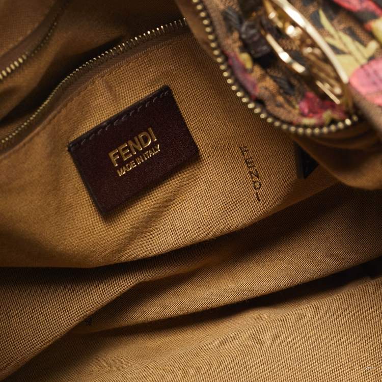Pre Owned Fendi Tobacco/Red Zucca Canvas and Leather Rose Print Chef Chain Hobo