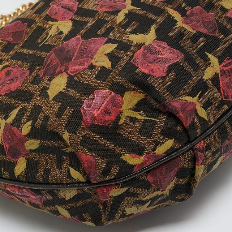 Pre Owned Fendi Tobacco/Red Zucca Canvas and Leather Rose Print Chef Chain Hobo