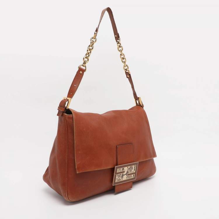 Pre Owned Fendi Brown Leather and Watersnake Detail Large Mama Forever Shoulder Bag