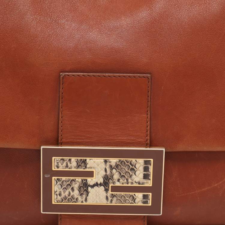 Pre Owned Fendi Brown Leather and Watersnake Detail Large Mama Forever Shoulder Bag