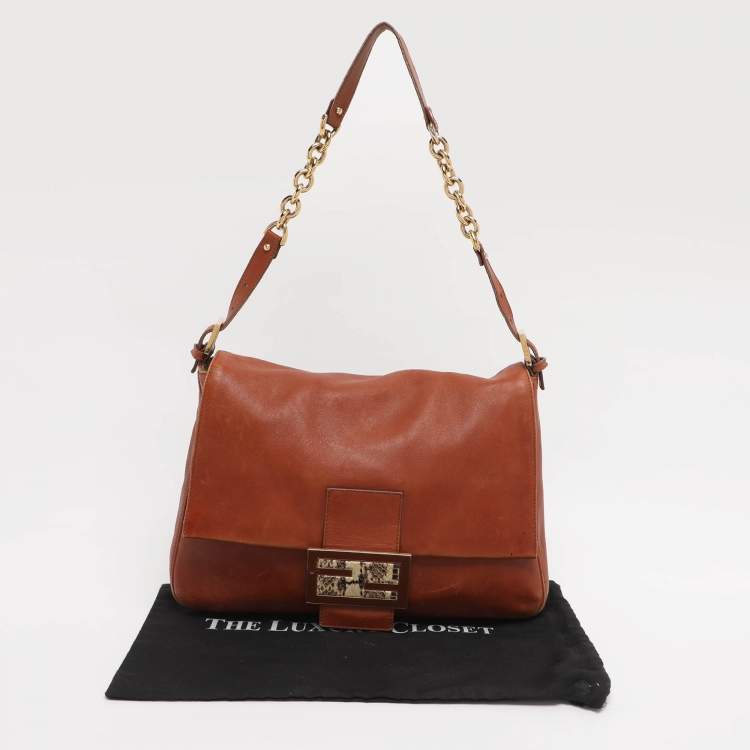 Pre Owned Fendi Brown Leather and Watersnake Detail Large Mama Forever Shoulder Bag