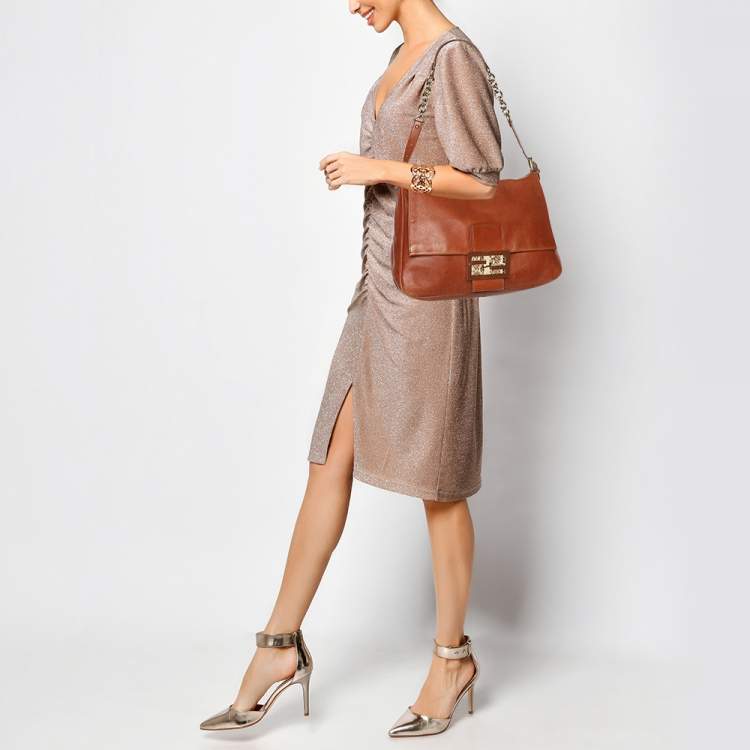 Pre Owned Fendi Brown Leather and Watersnake Detail Large Mama Forever Shoulder Bag
