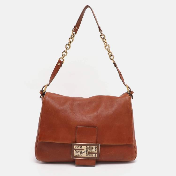 Pre Owned Fendi Brown Leather and Watersnake Detail Large Mama Forever Shoulder Bag