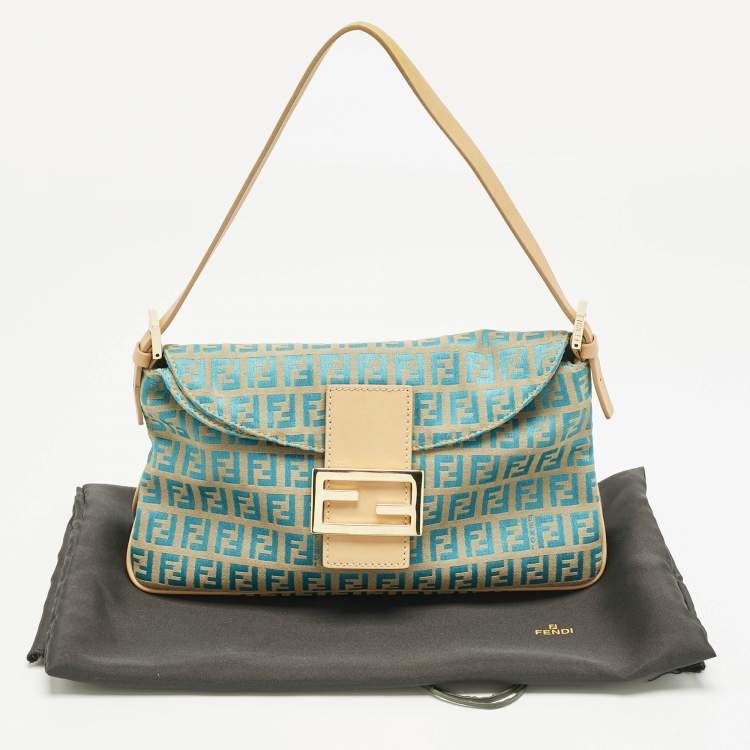 Pre Owned Fendi Metallic Blue/Beige Zucchino Canvas Double Flap Baguette Bag