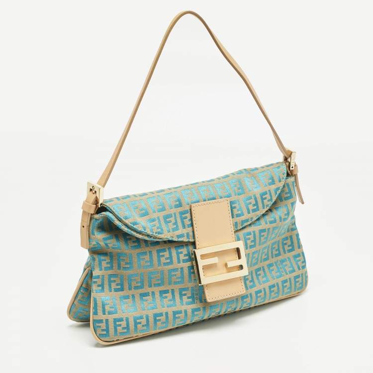 Pre Owned Fendi Metallic Blue/Beige Zucchino Canvas Double Flap Baguette Bag