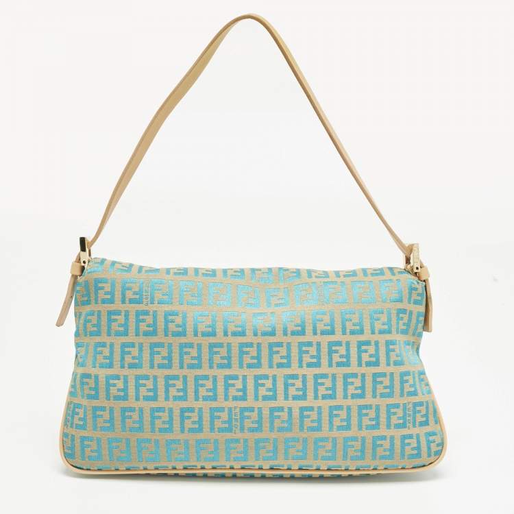 Pre Owned Fendi Metallic Blue/Beige Zucchino Canvas Double Flap Baguette Bag