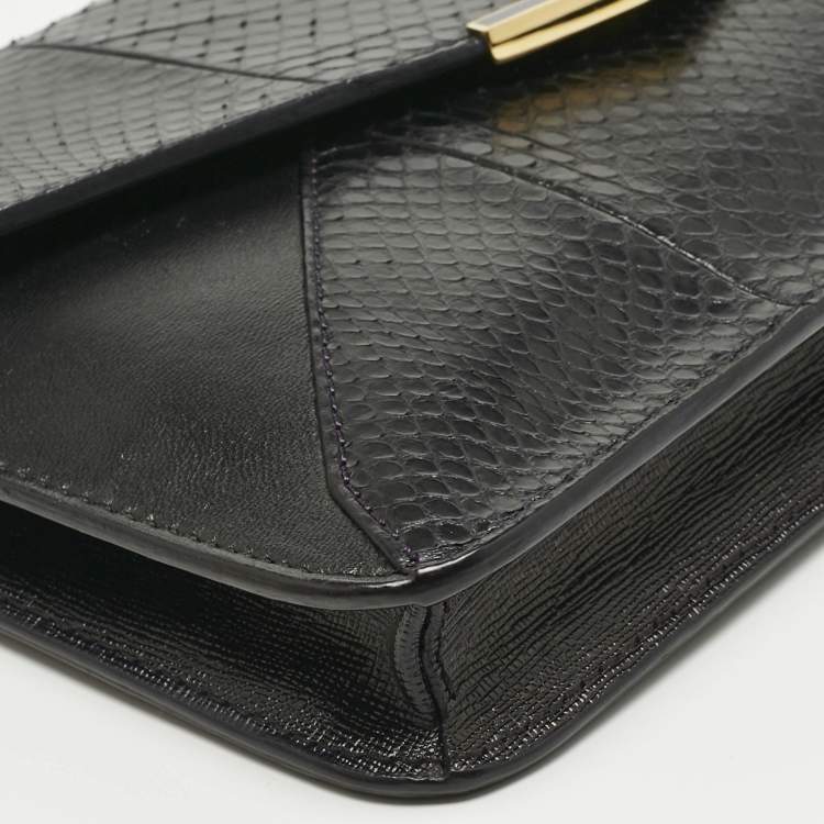 Pre Owned Fendi Black Leather and Snakeskin 2Jours Envelope Clutch