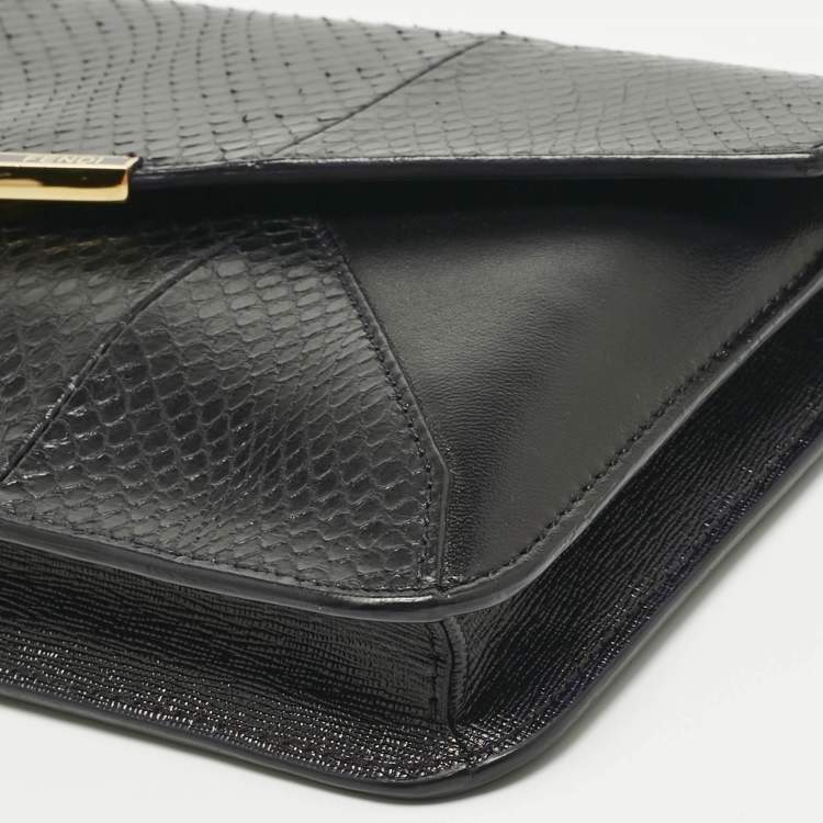 Pre Owned Fendi Black Leather and Snakeskin 2Jours Envelope Clutch