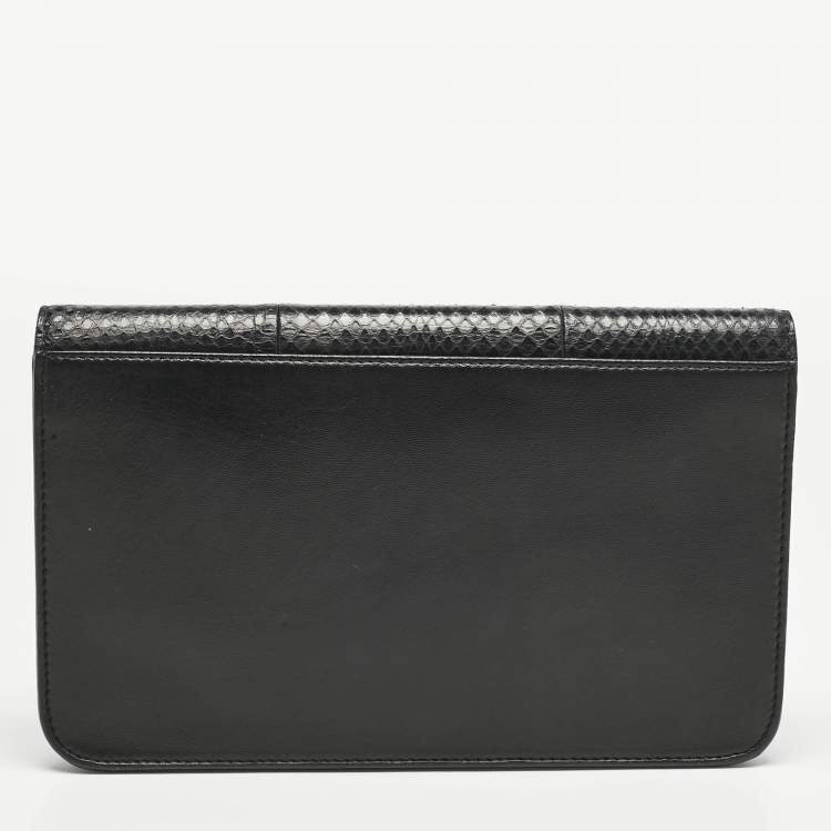 Pre Owned Fendi Black Leather and Snakeskin 2Jours Envelope Clutch