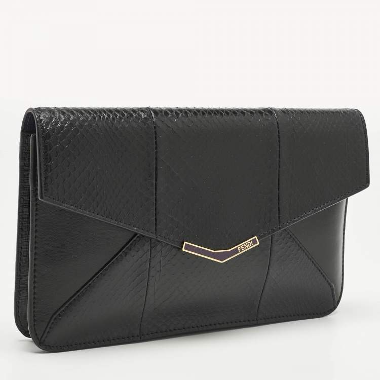 Pre Owned Fendi Black Leather and Snakeskin 2Jours Envelope Clutch