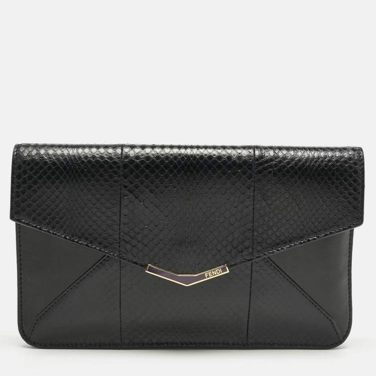Pre Owned Fendi Black Leather and Snakeskin 2Jours Envelope Clutch