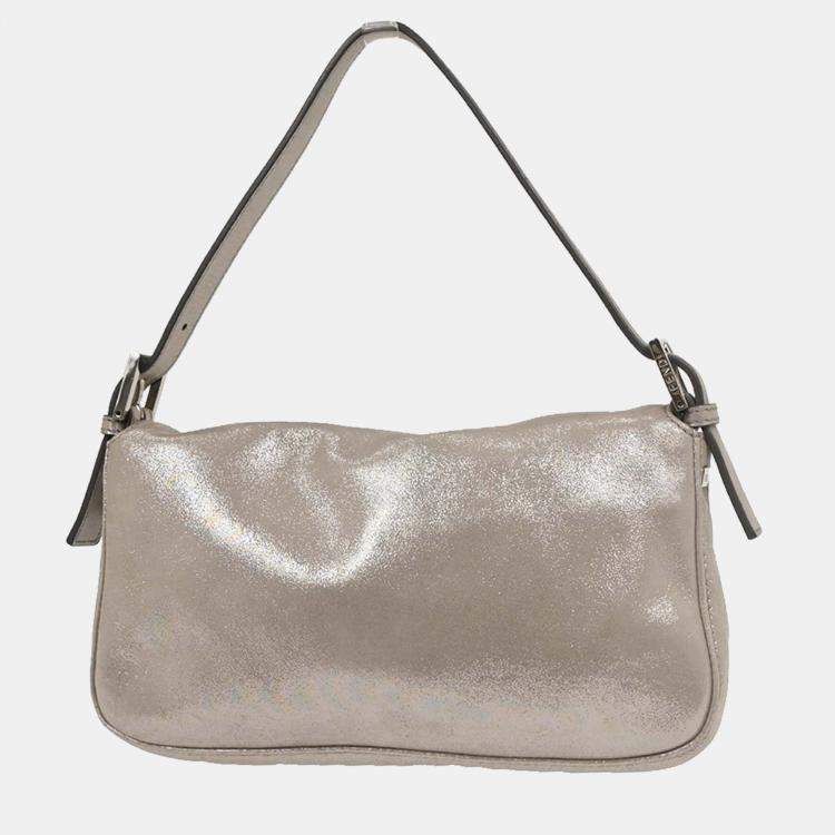 Pre Owned Fendi Metallic Silver Leather Baguette Handbag