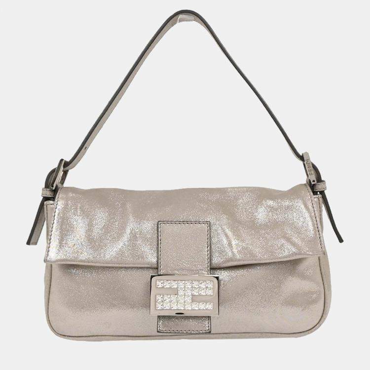 Pre Owned Fendi Metallic Silver Leather Baguette Handbag