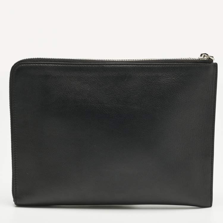 Pre Owned Fendi Black Leather and Shearling Fur FF Fflynn Zip Clutch