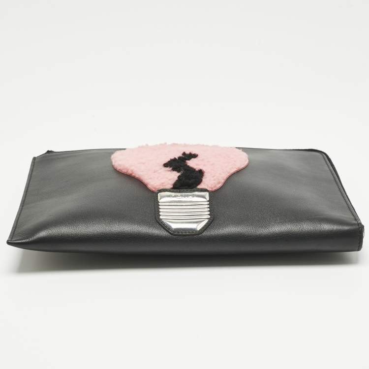 Pre Owned Fendi Black Leather and Shearling Fur FF Fflynn Zip Clutch