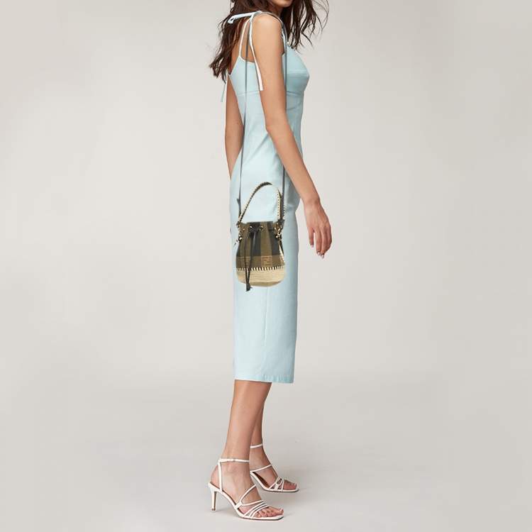 Pre Owned Fendi Tricolor Canvas and Raffia Mini Mon Tresor Drawstring Bucket Bag
