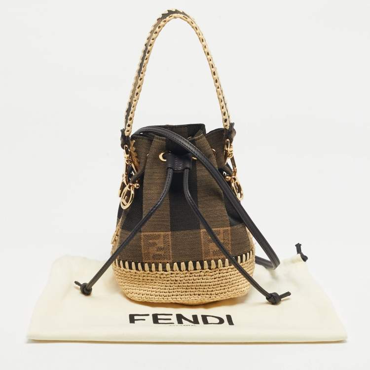 Pre Owned Fendi Tricolor Canvas and Raffia Mini Mon Tresor Drawstring Bucket Bag