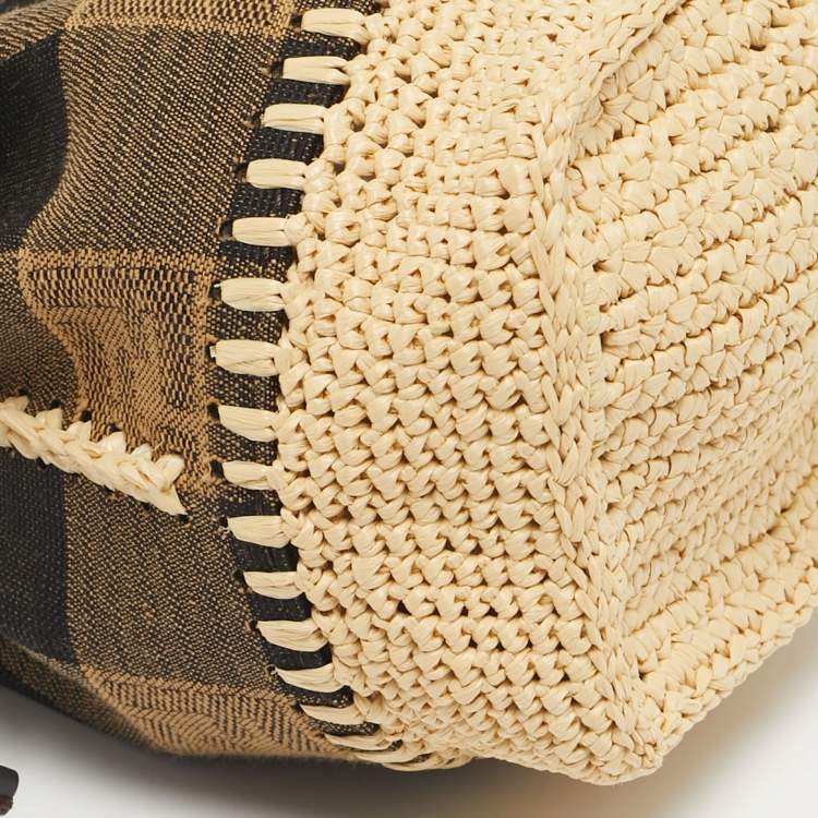 Pre Owned Fendi Tricolor Canvas and Raffia Mini Mon Tresor Drawstring Bucket Bag
