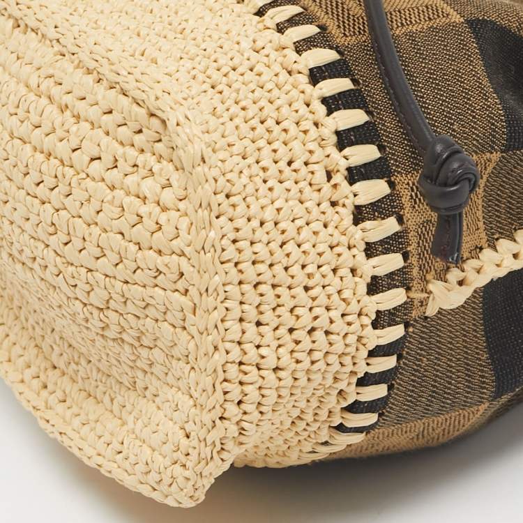 Pre Owned Fendi Tricolor Canvas and Raffia Mini Mon Tresor Drawstring Bucket Bag